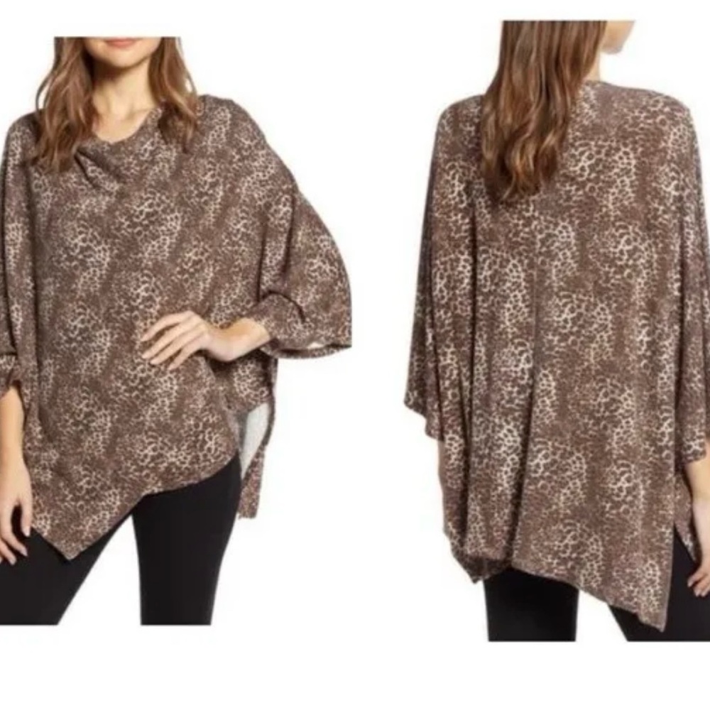 Bobeau Leopard Cowl Neck Poncho Top